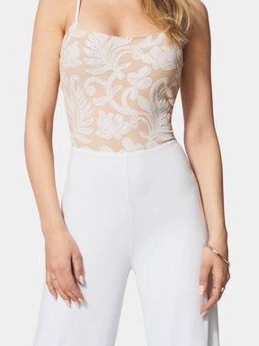 NWT Bebe White Sparkle Mesh Jumpsuit Sheer Lace Embroidered